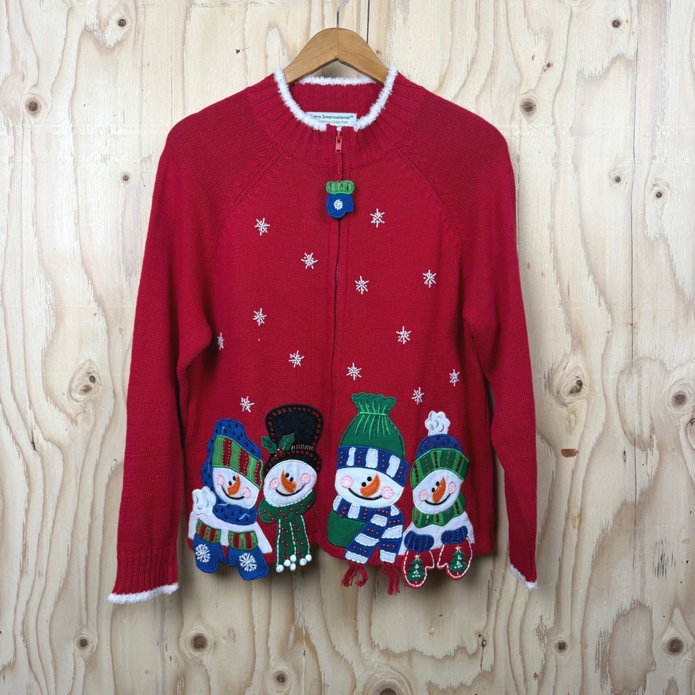Tiara International Cardigan Womens Large Red Snowman Beaded Zip Up Ramie Cotton